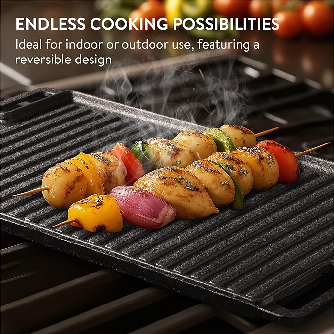 Navaris Reversible Cast Iron Grill/Griddle - 18.5" x 10.8"(47 x 27.5cm) Pre-Seasoned with Handles, Flat & Ribbed Rectangular Grill Plate, for Stove, Oven, Campfire, Heavy-Duty