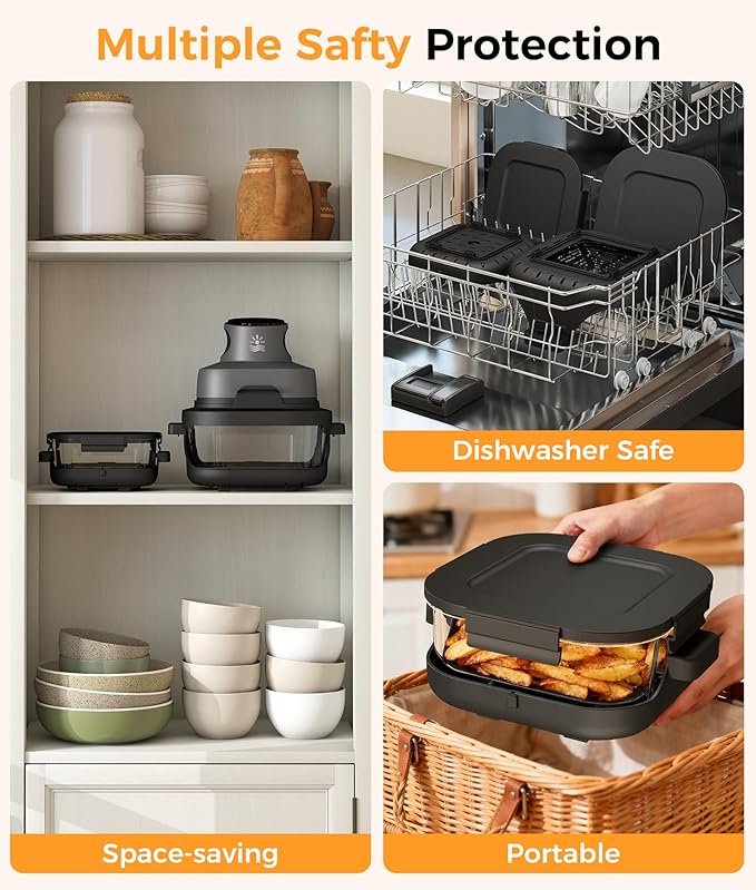 Oylus 4-in-1 Portable Glass Air Fryer - 1500W, 400°F Precise Heat, 4.2QT & 1.6QT Dual Glass Containers and Lids, Non-Toxic, Max Crisp/Bake/Air Fry/Recrisp,Microwave, Freezer & Dishwasher Safe