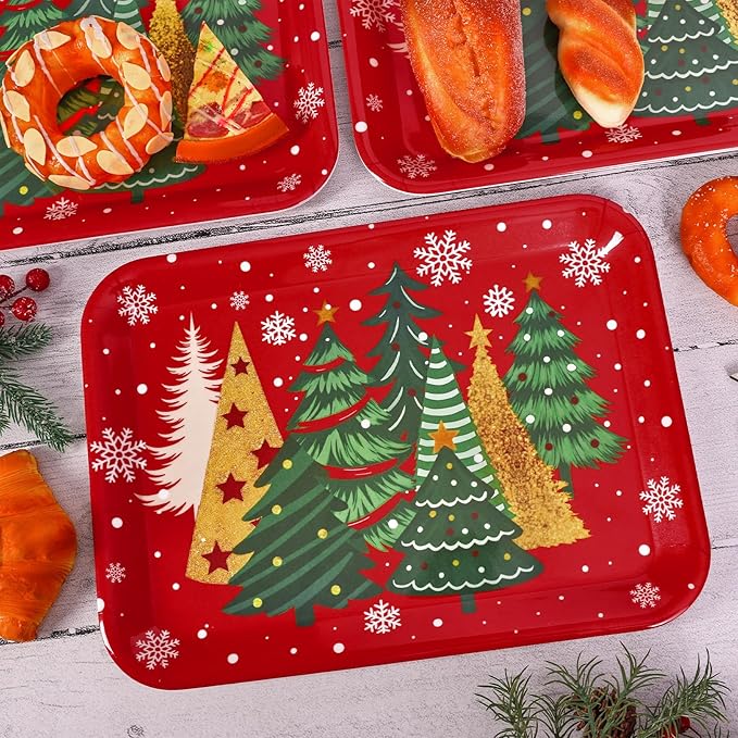 JarThenaAMCS 3Pcs Christmas Serving Trays Reusable Serving Dishes Gold Green Xmas Tree Snowflake Platter for Winter Party Sharing Snacks Fruits Dessert, 13 x 10 Inch