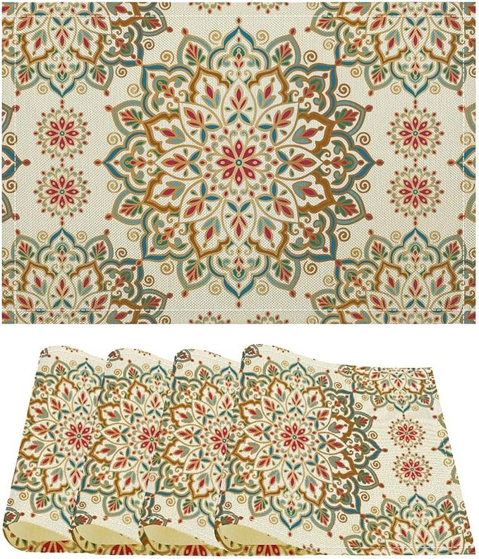 Mandala Placemats Set of 4 Vintage Bohemia Floral Art Printed Dining Table Mats for Restaurant Home Kitchen Holiday Picnic Party Decor 12x18in