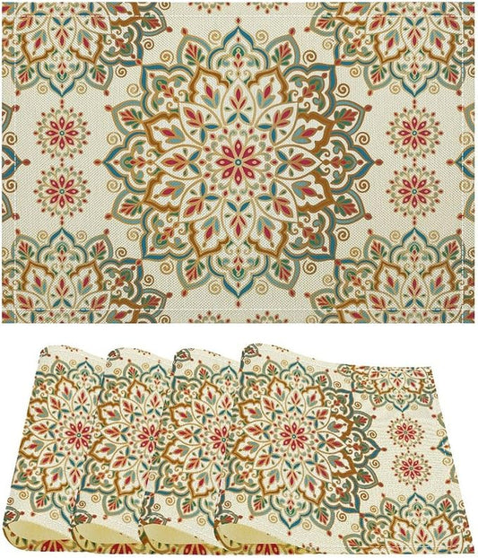 Mandala Placemats Set of 4 Vintage Bohemia Floral Art Printed Dining Table Mats for Restaurant Home Kitchen Holiday Picnic Party Decor 12x18in