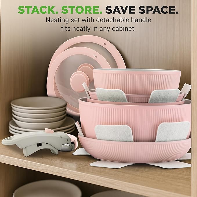 NutriChef 18-Piece Ceramic Cookware Set with Detachable Handles, Non Stick Pots and Pans, PTFE-Free Natural Ceramic Coating, Space-Saving Design, Oven & Stove Safe, Includes Utensils, Cream