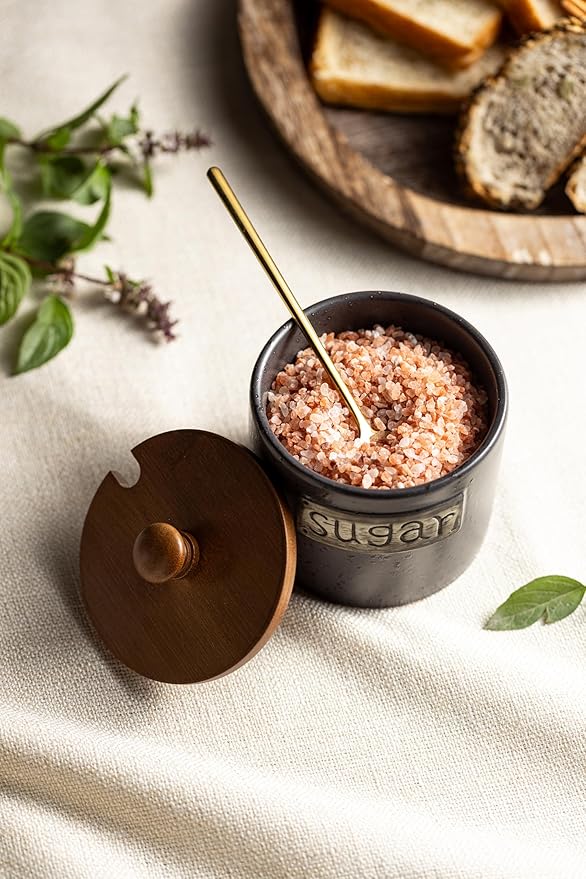 LYEOBOH Black Sugar Bowl with Lid and Spoon, 15 Oz Farmhouse Sugar Container Holder for Coffee Bar Accessories, Food Storage Containers - Modern Kitchen Decor Housewarming Gift
