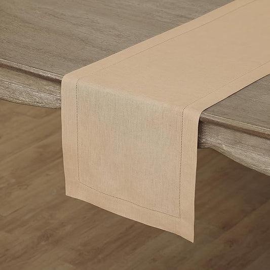 Solino Home Linen Beige Table Runner 120 Inches Long - 100% Pure Linen 14 x 120 Inch Table Runner for Spring, Easter - Classic Hemstitch