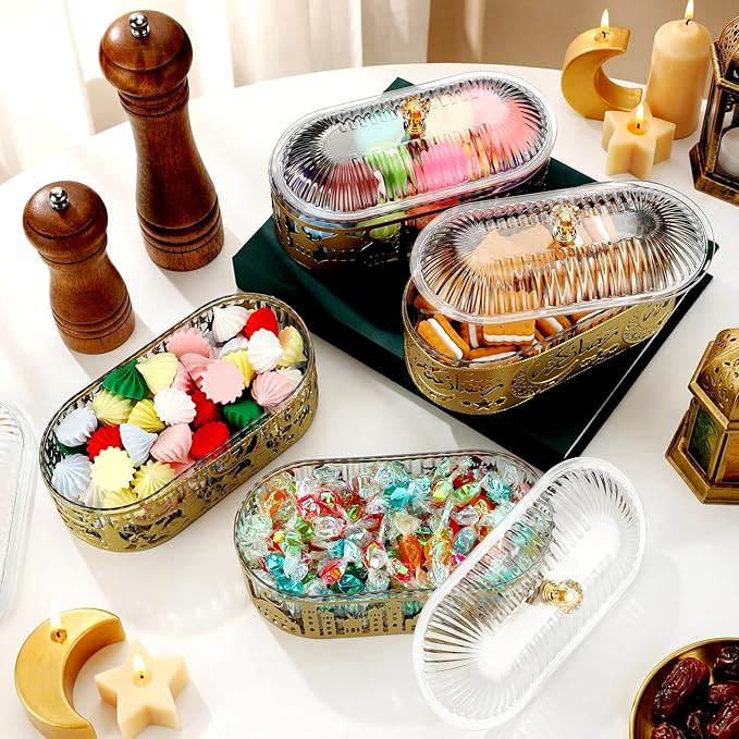 4 Pcs Ramadan Trays with Lid Eid Mubarak Gold Plates Dishes Table Decoration Muslim Islamic Serving Trays Metal Dessert Storage Container for Celebration (Ramadan Moon Star)