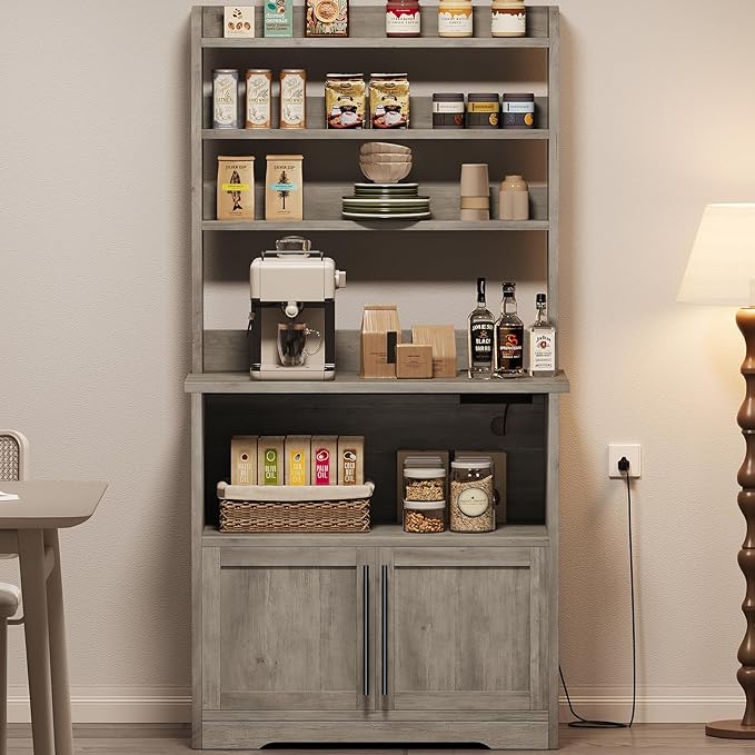 IDEALHOUSE Bakers Rack With Storage Cabinet, Microwave Stand With Power Outlets, Farmhouse pantry cabine With Thick Table Top, Small Kitchen Pantry Hutch Bakers Rack for Kitchen,Dining Room,Retro Gray