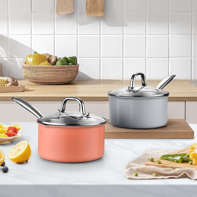 Fracoda Nonstick Ceramic Saucepan 2.5 Qt,Sauce Pot with Strainer Lid,Two Side Spouts for Easy Pour with Ergonomic Handle,Non Toxic,PTFE &PFOA Free - Oven Safe Compatible with All Stovetops,Perracotta