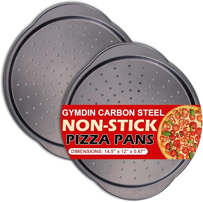 Gymdin Pizza Pan for Oven - 13" Round Pizza Pans with Holes(2 Pack), Non-stick Carbon Steel Pizza Trays with Handle, Easy to Clean & Oven Safe