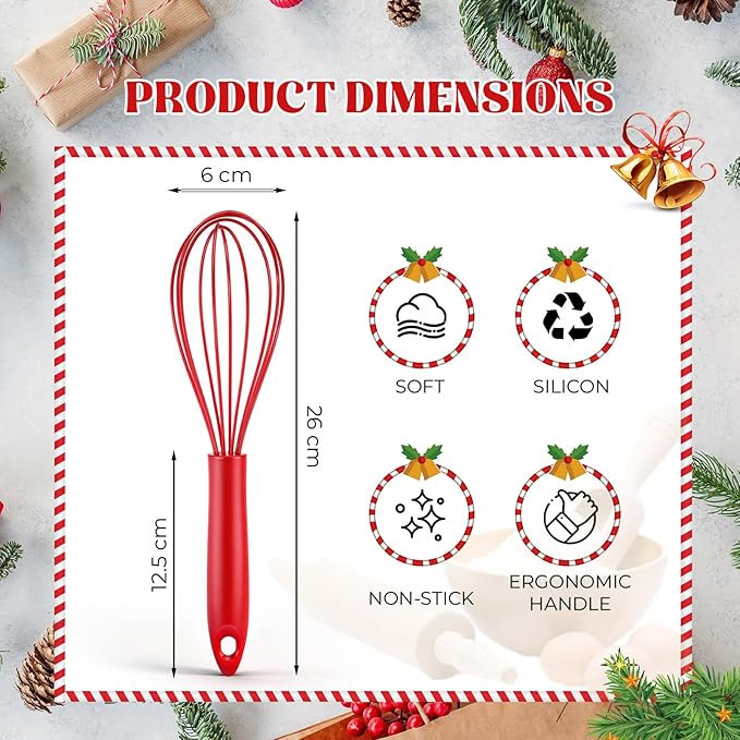 Domensi 12 Pcs 10 Inch Red Silicone Whisk Non Scratch Balloon Wire Whisk for Cooking Manual Egg Beater Milk Coffee Frother, Baking Gifts Cooking Supplies for Christmas Gift Party Stocking Stuffers