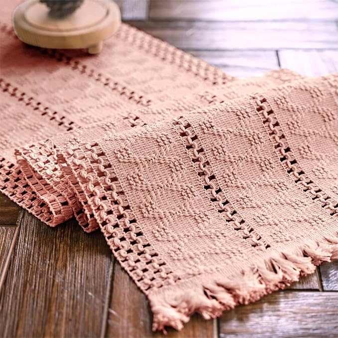 Alynsehom Macrame Table Runner Pure Pink Boho Table Runners with Tassels Hand Woven Cotton Table Runner Rustic Farmhouse Table Runners for Bohemian Kitchen Dining Table(12x71in)