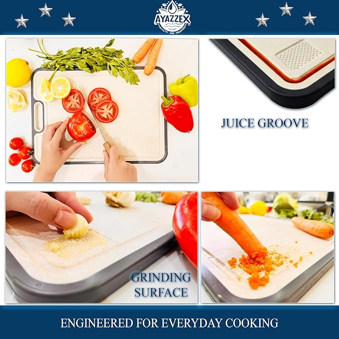 AYAZZEX Titanium Cutting Boards for Kitchen – Double-Sided Food Grade Cutting Board – 99.9% Titanium & Wheat Straw PP (15”×9”) Large Size & Ultra Durable, Easy to Clean - Includes Sponge & Pad & Hook