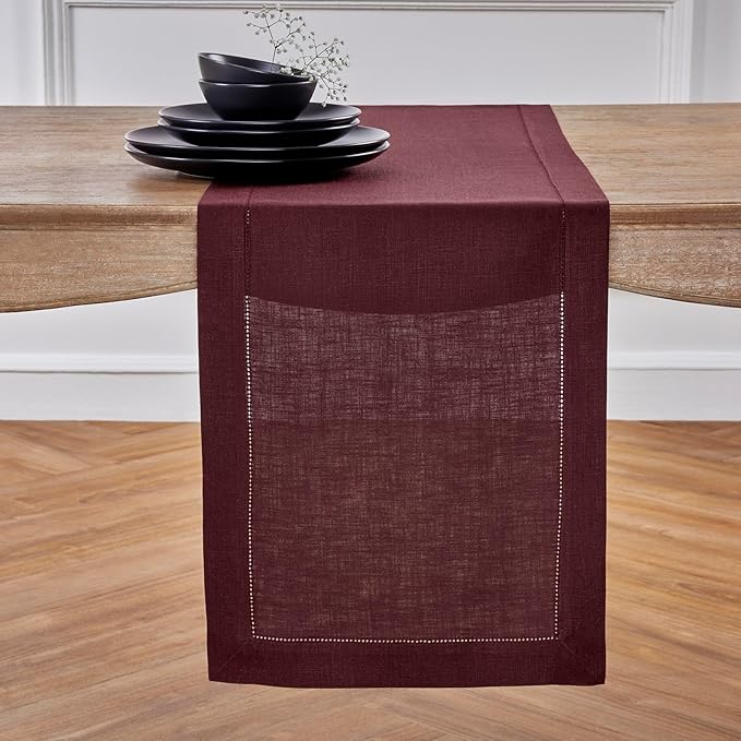 Solino Home Linen Burgundy Table Runner 156 Inches Long - 100% Pure Linen Extra Long Table Runner 14 x 156 Inch for Valentines - Classic Hemstitch