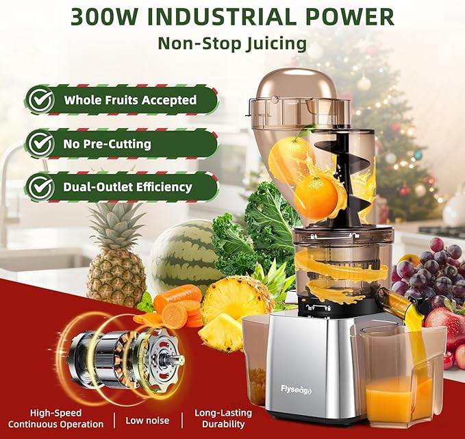 Flyseago Commercial 300W Cold Press Juicer Machines - Dual Outlet for Juice & Pulp, High Yield, Masticating Juicers, Heavy Duty Stainless Steel, Quiet Motor, Easy Clean for Restaurants, Bars