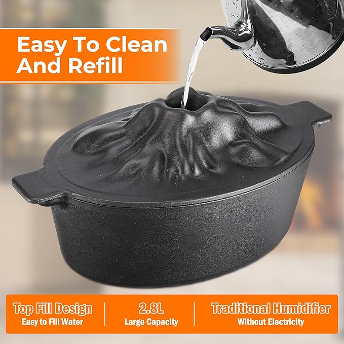 Upgraded Wood Stove Steamer with Handle, Wood Stove Humidifier, 3 Quart Large Capacity Woodstove Steamer, Cast Iron Humidifier for Wood Stove, Fireplace Steamers Pot Rust Resistant