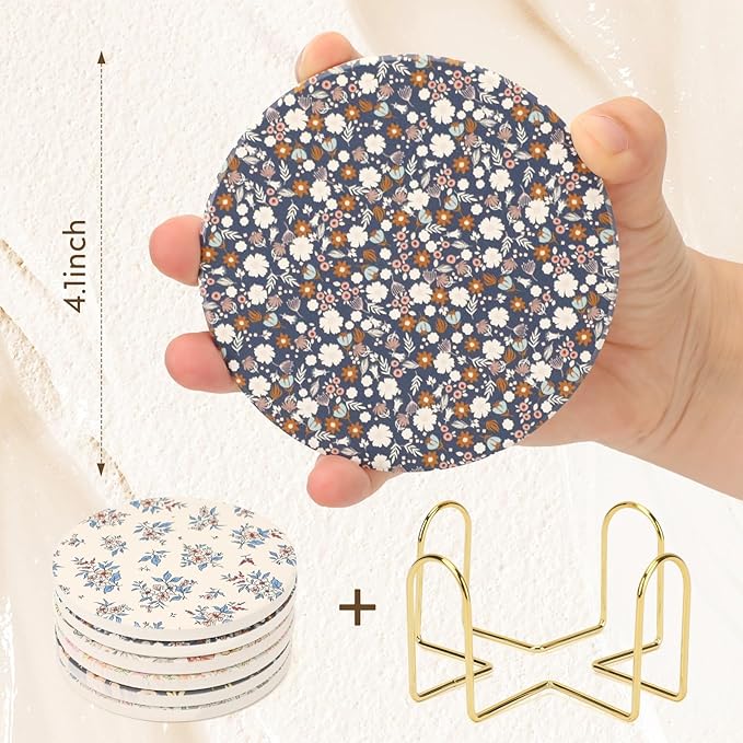 Coasters for Drinks Set of 6 with Holder, Absorbent Ceramic Stone, Flower Coffee Table Décor, Decorative Cup Coasters for Kitchen, Living Room, Farmhouse & Garden, Accessories for Tea & Coffee Table.