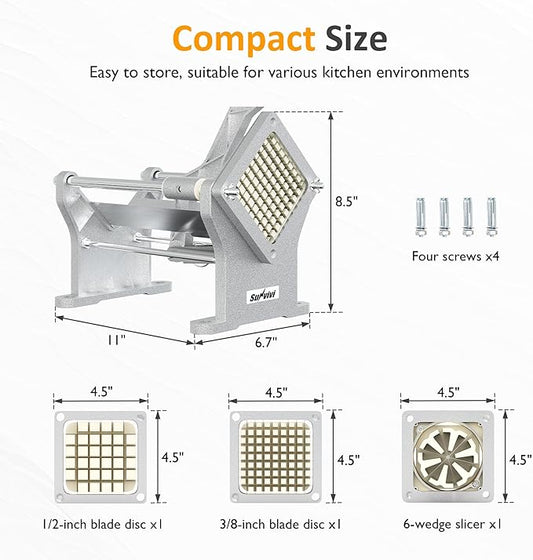 Sunvivi Commercial French Fry Cutter, Heavy Duty Potato Slicer with 3 Replaceable blades (1/2, 3/8 Inch, 6-wedge Slicer), Professional Fries Cutter for Restaurant & Home Kitchen, Stainless Steel