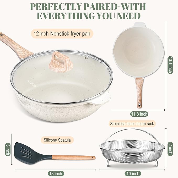 AOSION 11 Inch Nonstick Ceramic Deep Frying Pan Skille with Lid,5QT Sauté Pan for Cooking with Steam Rack,Healthy Large Skillet,Stay Cool Handle, Induction Compatible, PFOA & PFAS Free. (12IN-WHITE)