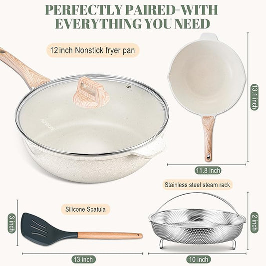 AOSION 11 Inch Nonstick Ceramic Deep Frying Pan Skille with Lid,5QT Sauté Pan for Cooking with Steam Rack,Healthy Large Skillet,Stay Cool Handle, Induction Compatible, PFOA & PFAS Free. (12IN-WHITE)