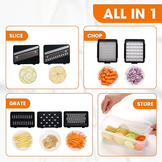 Cheer Collection Vegetable Chopper Slicer with Container Lid – 7 in 1 Mandoline Slicer Dicer Grater Julienne Cutter Kitchen Gadget, Multi Blade Food Chopper for Meal Prep