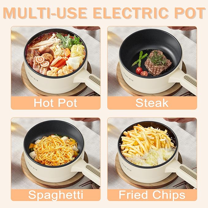 TOPWIT Hot Pot Electric, 2L Multifunctional Electric Pot, Non-Stick Sauté Pan, Portable Cooker for Steak, Egg, Fried Rice, Ramen, Soup with Dual Power Control (Silicone Spatula Included), Beige