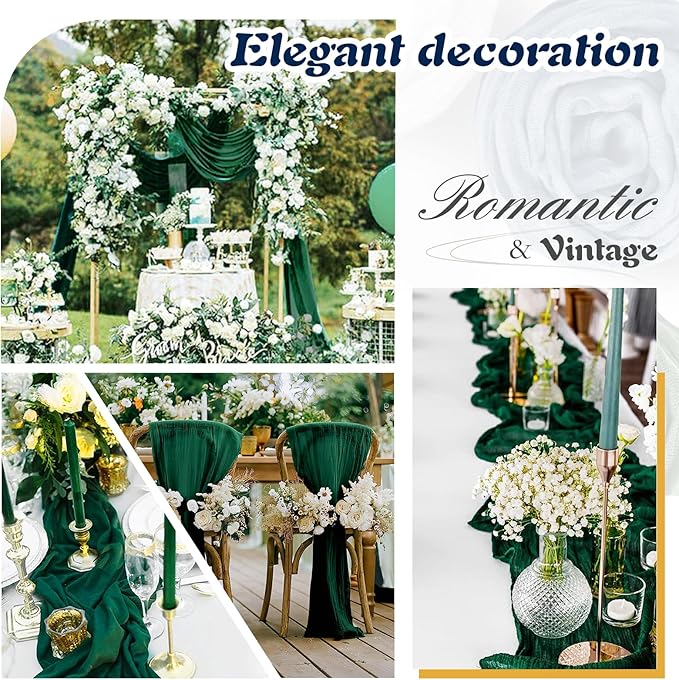 Dark Green Cheesecloth Table Runner 2 Pack 35" Boho Gauze 120 inches Long Runner Rustic Sheer Fabric Bulk for Baby Shower Wedding Bridal Birthday Party Table Decorations
