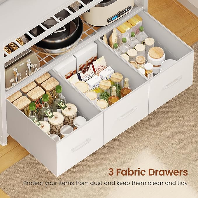 Itaar Bakers Rack with Storage and Power Outlet, 35.4 inch Microwave Stand with Fabric Drawers, Kitchen Coffee Bar Cabinet with Hutch, LED Lights, Wine Rack and Hooks, White