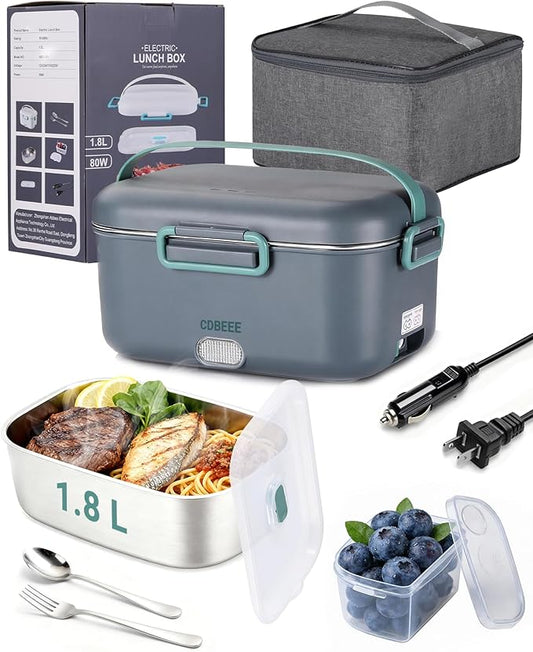 Extal-Large Electric Lunch Box Food Heater - 80W Fast Heating, 1.8L Heated Lunch Box Leak-Proof 304 Stainless Steel Portable Food Warmer, 3-in-1 (12V/24V Car/Truck & 110V Home), Ideal for Work/Travel