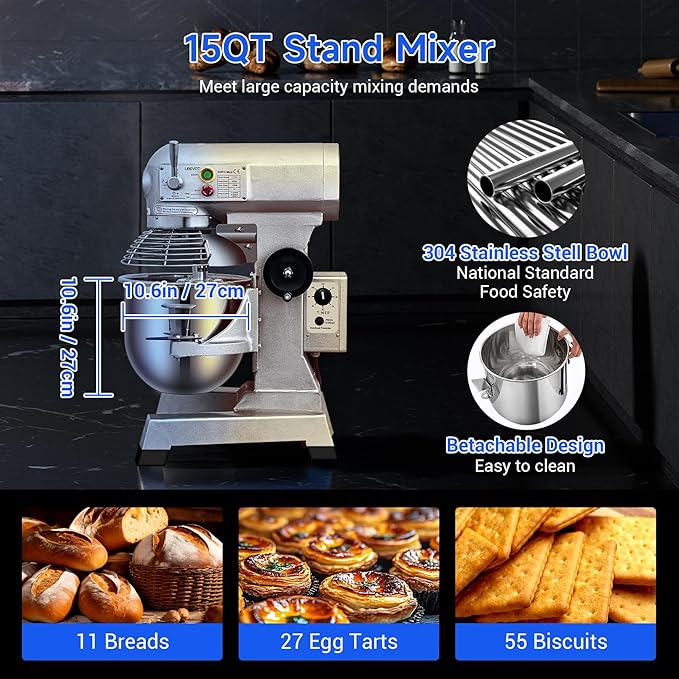 EKway Commercial Food Mixer 15 Qt with Timing Function,600W Commercial mixers 3 Speed Adjustable,Electric Stand Commercial Dough Mixer with Stainless Steel Bowl for Bakery Pizzeria