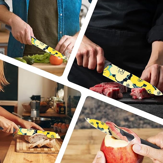 Marco Almond Knife Set Artistic Designed Pattern Kitchen Knife 6 Stainless Steel Kitchen Knives w 6 Blade Guards, Dishwasher Safe Knives for Family Kitchen Knives Set for Chefs