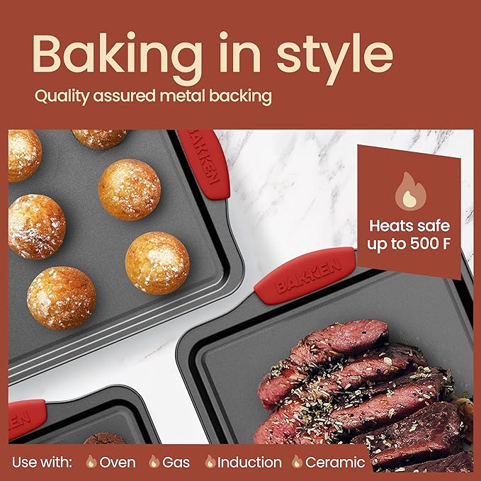 BAKKENMASTER 18-Piece Kitchen Oven Baking Set: Nonstick Gray Marble Coating, Carbon Steel Bakeware, Silicone Handles, Dishwasher Safe, Professional Quality, PFOA-Free