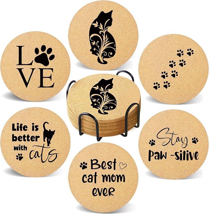 Coasters for Drinks with Holder Set of 6, Cat Paw Coaster for New Home Couples House Warming Gifts Absorbent Cork Wood for Cup Desk Coffee Table Office Kitchen Decor, Round 4"