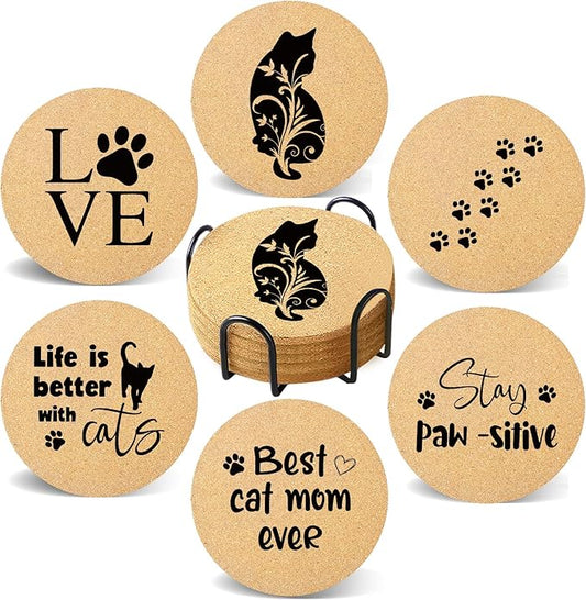 Coasters for Drinks with Holder Set of 6, Cat Paw Coaster for New Home Couples House Warming Gifts Absorbent Cork Wood for Cup Desk Coffee Table Office Kitchen Decor, Round 4"