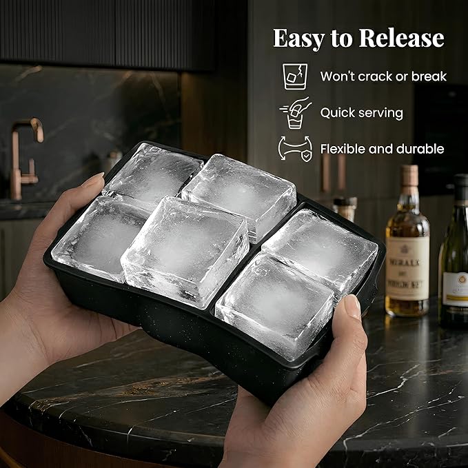 KitchFort Large Silicone Ice Cube Tray (3-Pack), Easy Release 2" Big Ice Cubes - Cocktail, Whiskey Ice Cubes Mold - Ice Trays for Freezer with Lid - Stackable Silicone Ice Tray - Black