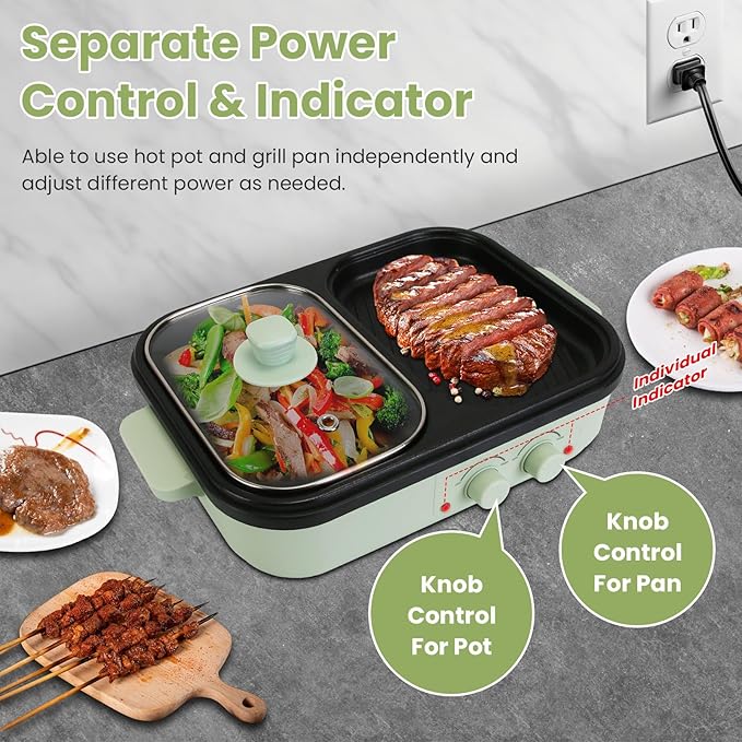 iMounTEK Electric Hot Pot with Grill 2-IN-1 Hot Pot and Frying Pan Portable Non-Stick Pot and Griddle Electric Cooker Pot with Glass Lid Fast Heating BBQ Steaks Noodles for 1-2 People Party