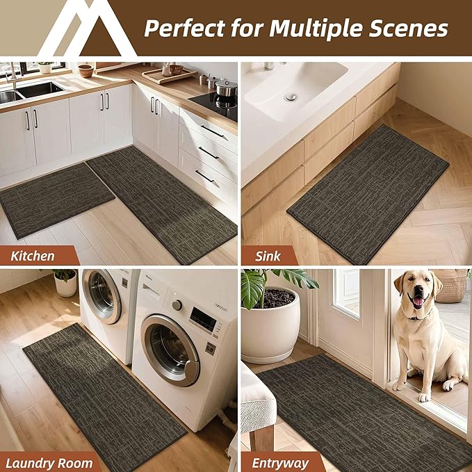 COSY HOMEER Kitchen Rugs 20"x32"+20"x48",Absorbent Soft Kitchen Mats for Floor,Non Slip Kitchen Runner Rug,Washable Kitchen Floor Mats for Sink Mat,Hallway,Laundry,Brown