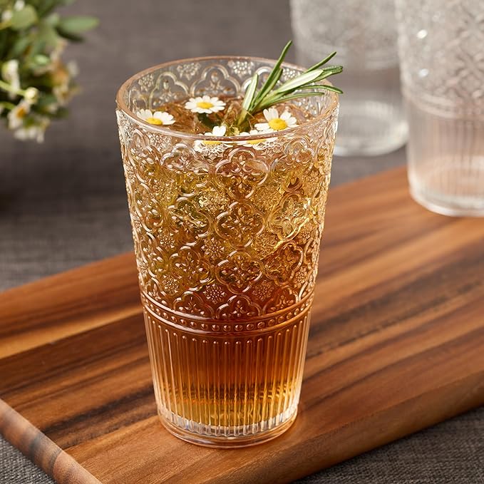 Victoria Clear Set of 6 Premium Acrylic Ice Tea Glass 22 oz – Unbreakable Glassware with Elegant Embossed Design, Dishwasher Safe for Indoor & Outdoor Use