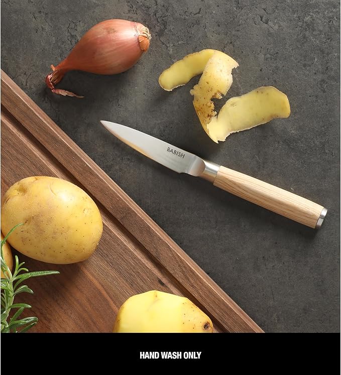 Babish 1.4116 German Stainless Steel Paring Knife with Light Pakka Wood Handle – 3.5-Inch Precision Kitchen Knife for Peeling, Trimming & Prep Work, Full-Tang Blade