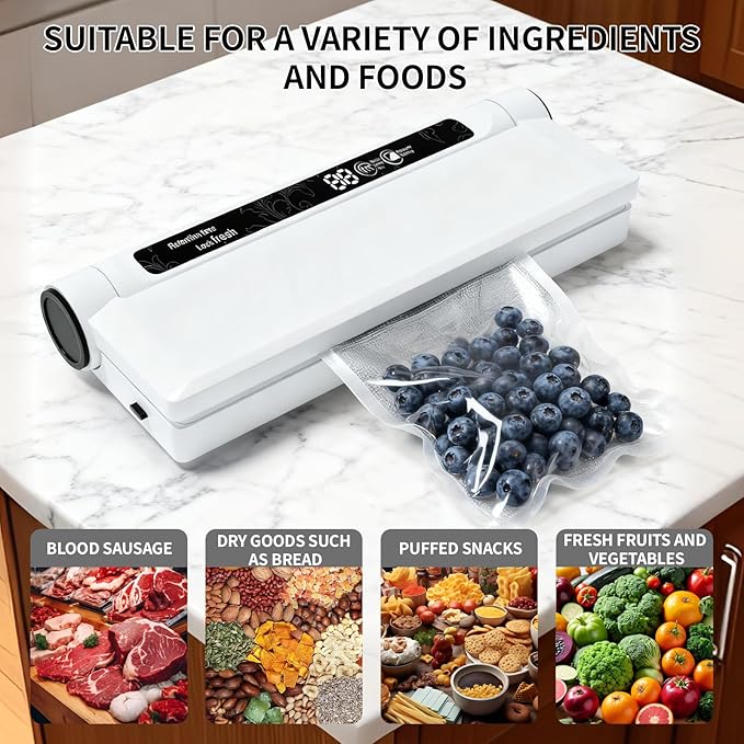 Food vacuum sealer, 75 kPa ，Compact Vacuum Sealer, equipped with a digital timer, Dry/Wet,sealing, including 20 Vacuum Sealer Bags, The chef's ideal food saver