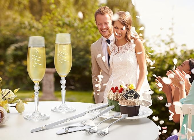 BEKESIN Wedding Cake Knife and Server Set with Forks, Classical Style Crystal Champagne Flutes Toasting Glasses for Bride and Groom, Wedding Gifts for Couples, Engagement and Bridal Shower Gifts