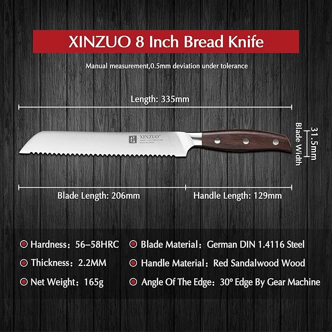XINZUO 8 Inch Serrated Bread Knife for Homemade Bread Sourdough,German Stainless Steel,Multifunction Bread Cutting Knife with Red Sandalwood Handle