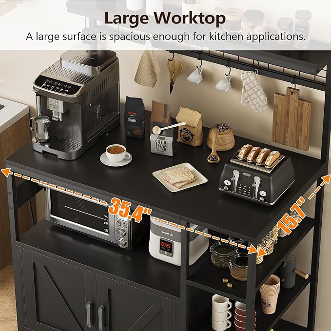 TVU Bakers Rack with Power Outlet and LED Light, Microwave Stand with Storage Cabinet, Coffee Bar Cabinet Station with 6 Hooks for Kitchen, Dining Room, Living Room, Coffee Bar, Black