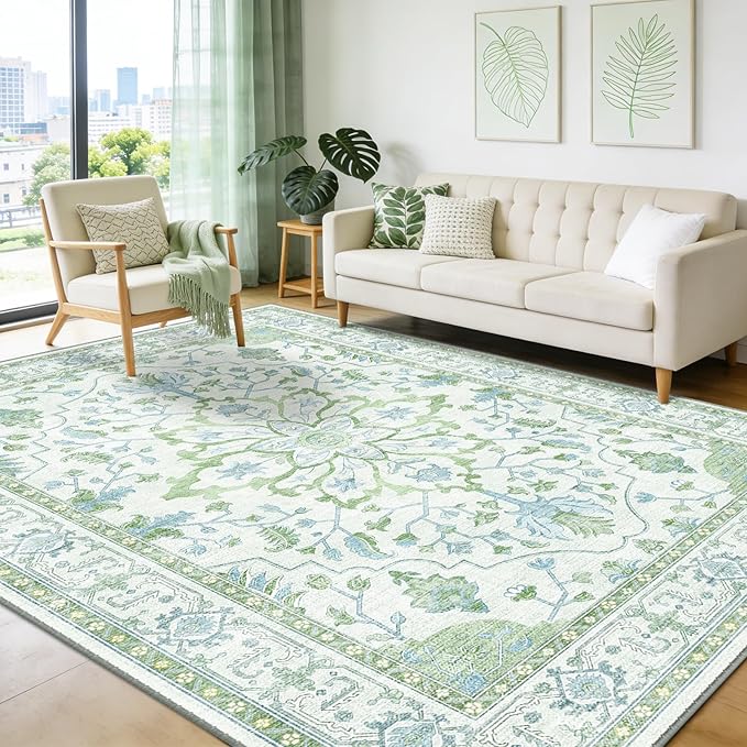 Area Rugs 5'x7' Washable Non-Slip, Floral Vintage Distress Print Pattern Medallion Carpet for Living Room Bedroom Dining Room, Green White Blue