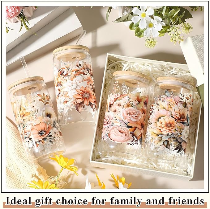 Mumufy Gift for Women Cute Glass Cup Tumbler Flower Iced Coffee Mugs 16 oz Glass with Bamboo Lid & Straw, Mothers Day Birthday Gift for Mom Sister Bridesmaid Baby Shower(4 Pack, Brown Flower)