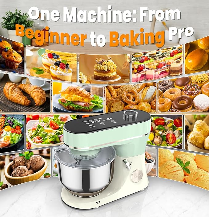 Bonnor Stand Mixer, 6QT Electric Kitchen Mixer for Baking Cakes & Dough, LED Smart Touchscreen, 11-Speed Tilt-Head & Timer, 4 Presets, Mixer with Bowl, Dough Hook/Whisk/Beater, Green