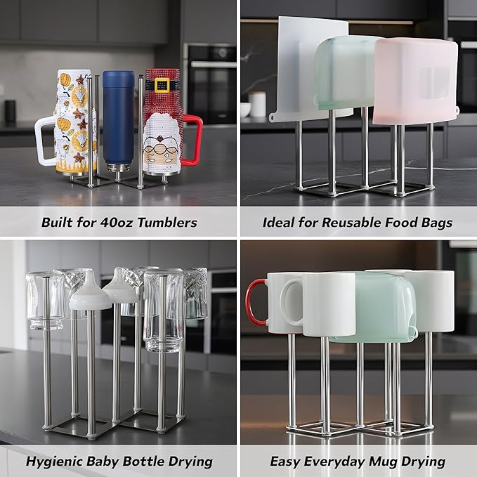 Water Bottle Drying Rack, Cup Drying Rack for Counter, Stainless Steel Tumbler Dryer Stand, Space-Saving Mug & Glass Drying Rack, Heavy-Duty Holder for Cups & Water Bottles (Silver – 7 Pegs)