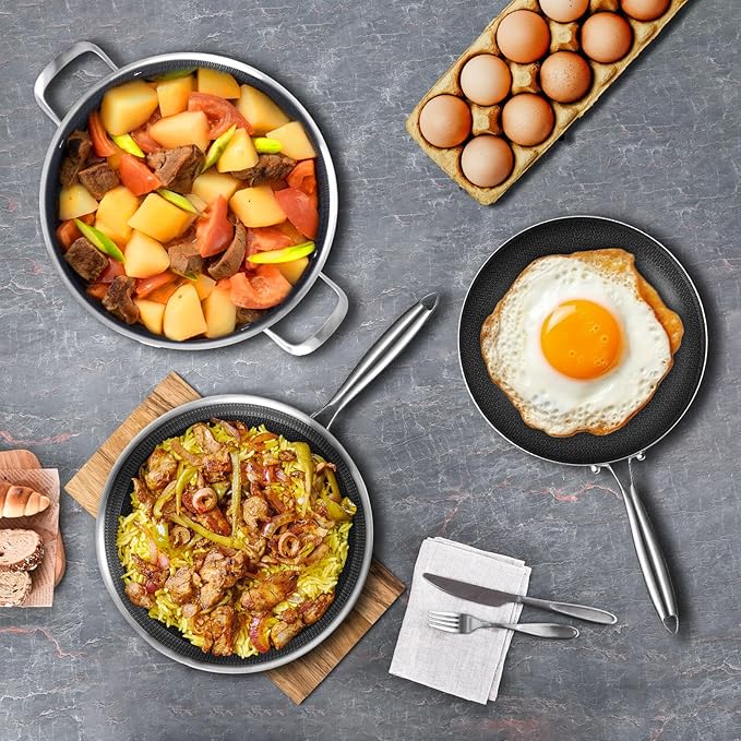 Inqibee 6 QT Hybrid Tri-Ply Stainless Steel Non Stick Sauté Pan with Lid & 8.5-10 Inch Frying Pan, 12 Inch Induction Deep Frying Pan Set, Dishwasher and Oven Safe