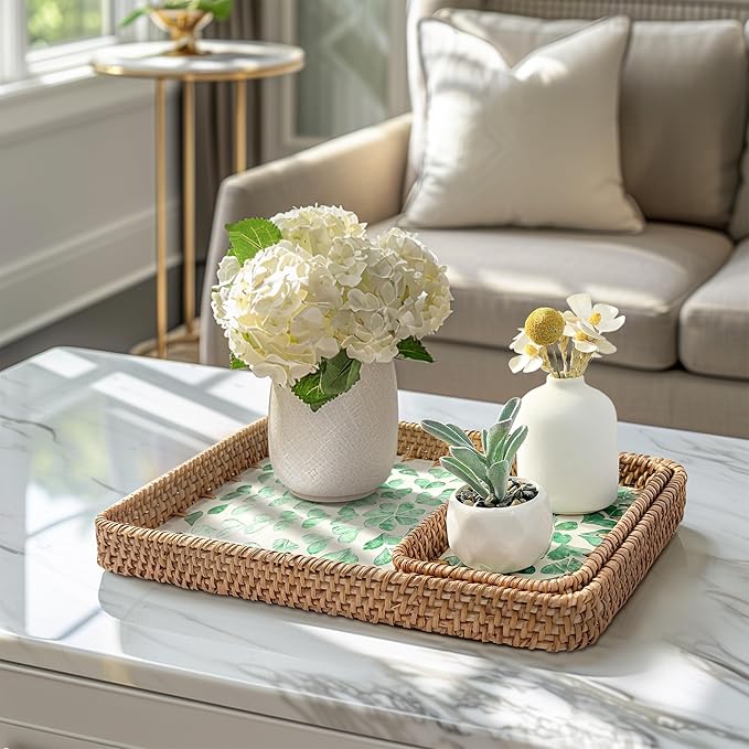 Set of 3 Rectangle Rattan Serving Trays with Mother of Pearl Inlay – Hand-Woven Wicker Trays for Coffee Table, Bathroom, Kitchen Counter or Entryway, Boho Coastal Decor, Green Leaves Design