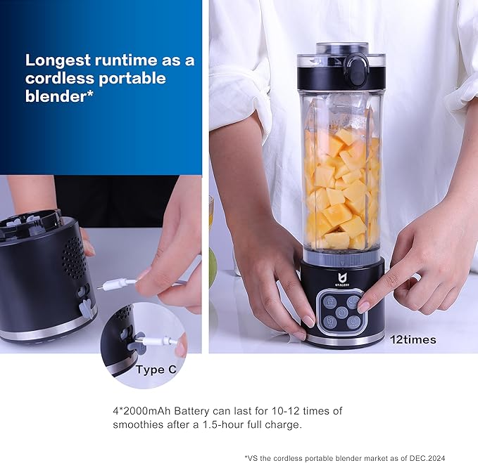 UTALENT Cordless Portable Blender, 25 oz removable Vessel, Powerful Personal Blender, For-Smoothies, Ice Crush, 4 Programs, Leakproof-Lid & Sip Spout, USB-C Rechargeable, Dishwasher Safe Parts, Black