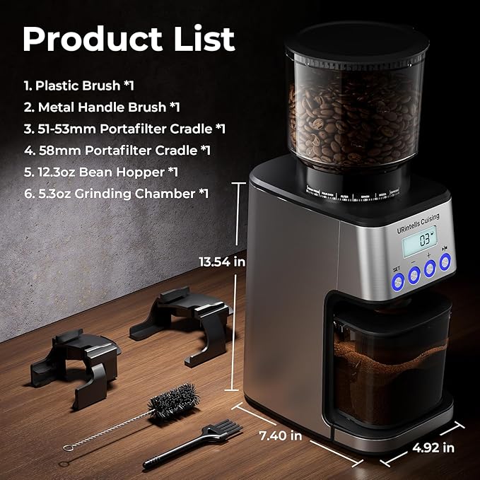 URintells Cuising Espresso Grinder, Burr Coffee Grinder with 51 Grind Settings, Precision Timer, Stainless Steel Coffee Grinder with Easy Cleaning, Anti-Static Design & 3 Operation Modes