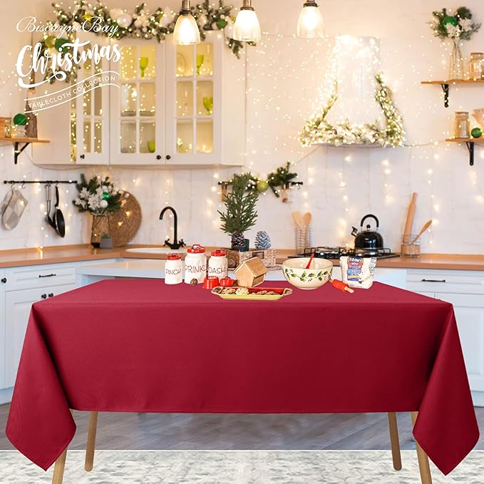 Biscaynebay Textured Fabric Christmas Tablecloths 60x108 Inches Rectangular, Red Water Resistant Spill Proof Tablecloths for Dining, Kitchen, Wedding and Parties, Machine Washable